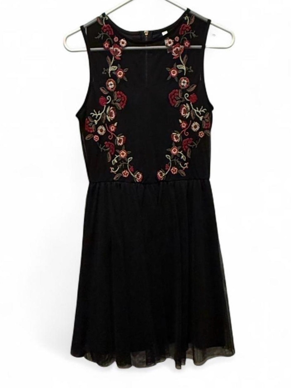 Xhilaration Black Midi Dress with Red Floral Embroidery